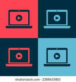 Pop art Online play video icon isolated on color background. Laptop and film strip with play sign.  Vector Illustration