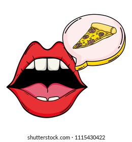 pop art open mouth with pizza inside chat bubble