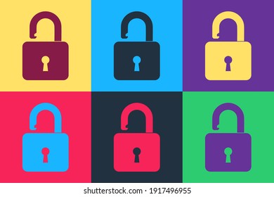 Pop art Open padlock icon isolated on color background. Opened lock sign. Cyber security concept. Digital data protection. Safety safety. Vector.