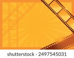 Pop art orange background with sparkling film strips. Cinema concept decorated with dots and rays. Vector illustration