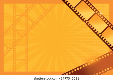 Pop art orange background with sparkling film strips. Cinema concept decorated with dots and rays. Vector illustration