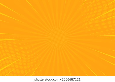 Pop art orange burst background. Sunbeam comic book radial lines superhero action explosion lightning blast backdrop halftone dots. Anime manga retro vintage background vector illustration.