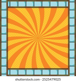 Pop art orange cinema background decorated with long film strip frame. Vector illustration