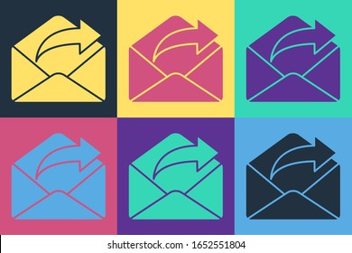 Pop art Outgoing mail icon isolated on color background. Envelope symbol. Outgoing message sign. Mail navigation button.  Vector Illustration