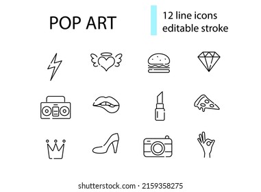Pop art outline icons collection. Vintage design. Pizza, burger and hand poses. Recorder, music and diamond. Customizable line contour symbols set. Editable stroke. Isolated vector stock illustration