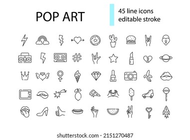 Pop art outline icons set. Retro 1960s design. Female lips, heart and roller skates. Customizable linear contour symbols collection. Editable stroke. Isolated vector stock illustration