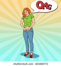 Pop Art Overweight Woman Trying to Fasten To Small Trousers. Vector illustration