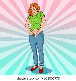 Pop Art Overweight Woman Trying to Fasten To Small Jeans. Vector illustration