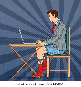 Pop Art Overworked Businessman Working Late at Home with Laptop. Vector illustration