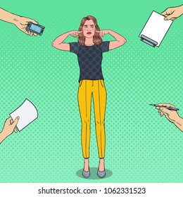 Pop Art Overworked Frustrated Woman Closed Ears with Fingers. Multitasking Office Work. Ignorance Concept. Vector illustration