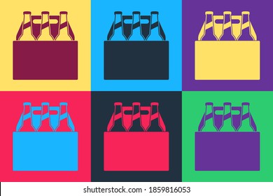 Pop art Pack of beer bottles icon isolated on color background. Case crate beer box sign. Vector.