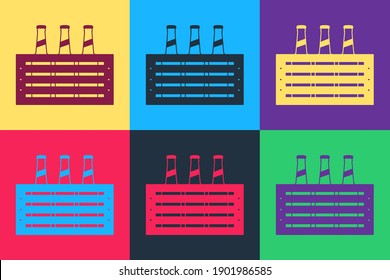 Pop art Pack of beer bottles icon isolated on color background. Wooden box and beer bottles. Case crate beer box sign. Vector.