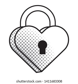 Pop art padlock heart shape in black and white