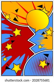 Pop Art page background. Comic book frame with colored place for text. Editable cartoon retro vector illustration drawing for advertising.