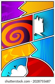 Pop Art Seite Hintergrund. Comic Buchrahmen mit farbigem Platz für Text. Bearbeitbare Cartoon Retro Vektorgrafik Zeichnung für die Werbung.