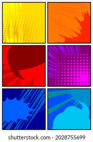Pop Art Seite Hintergrund. Comic Buchrahmen mit farbigem Platz für Text. Bearbeitbare Cartoon Retro Vektorgrafik Zeichnung für die Werbung.
