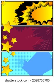 Pop Art page background. Comic book frame with colored place for text. Editable cartoon retro vector illustration drawing for advertising.