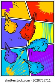 Pop Art Seite Hintergrund. Comic Buchrahmen mit farbigem Platz für Text. Bearbeitbare Cartoon Retro Vektorgrafik Zeichnung für die Werbung.