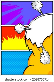 Pop Art Seite Hintergrund. Comic Buchrahmen mit farbigem Platz für Text. Bearbeitbare Cartoon Retro Vektorgrafik Zeichnung für die Werbung.