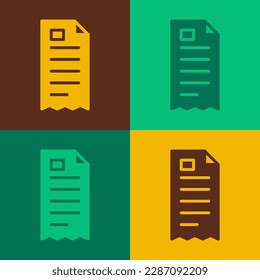 Pop art Paper check and financial check icon isolated on color background. Paper print check, shop receipt or bill.  Vector