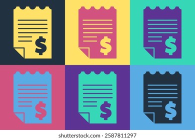 Pop art Paper or financial check icon isolated on color background. Paper print check, shop receipt or bill.  Vector Illustration