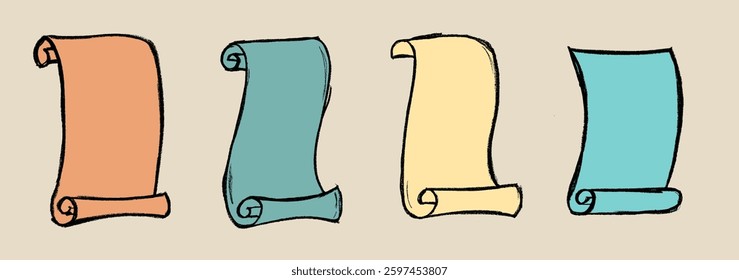 Pop Art Paper Scroll Crayon Chalk Drawing Vector Set