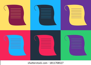 Pop art Paper scroll icon isolated on color background. Canvas scroll sign. Vector.