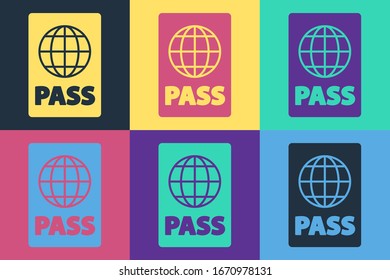 Pasaporte de arte pop con icono de datos biométricos aislado en el fondo del color. Documento de identificación. Ilustración vectorial