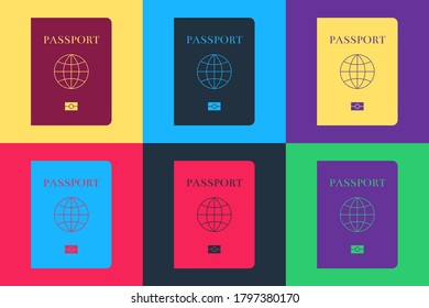 Pop art Passport with biometric data icons isolated on color background. Identification Document. Vector.