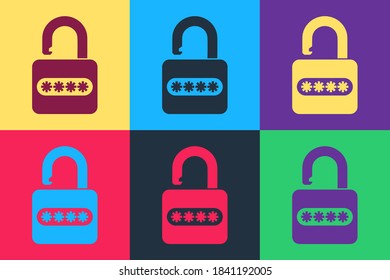 Pop art Password protection and safety access icons isolated on color background. Lock icon. Security, safety, protection, privacy concept. Vector.