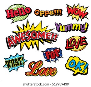 Pop art patches set with letterings. Vector illustration isolated on white background in cartoon 80s-90s comic style.