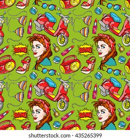 Pop art pattern (background). Cool girl. Scooter, tape recorder, summer clothing, sunglasses, cosmetics. Seamless vector pattern (background).