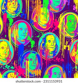 Pop art pattern with Benjamin Franklin portrait from 100 dollar bill. Background with paint brush strokes, smudges, blots, spattered paint of neon colors. For sports goods, prints, vinyl wrap.