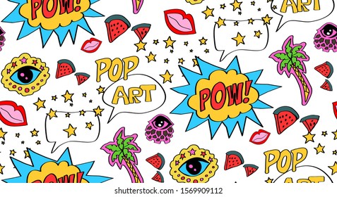 Pop art pattern with bright colored figures and inscriptions