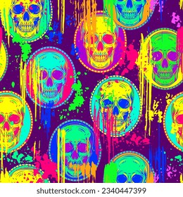 Pop art pattern with cameo with human skull. Background with paint brush strokes, smudges, blots, spattered paint of neon colors. For sports goods, prints, vinyl wrap.