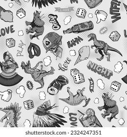 Pop Art pattern with dinosaurs, skulls, dice for print and design. Vector illustration. .