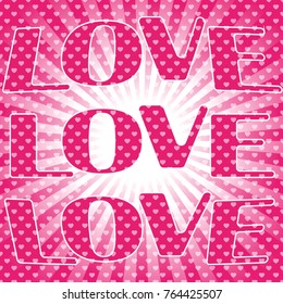 Pop Art Pattern with the lettering love for Valentine's day in the style of comics