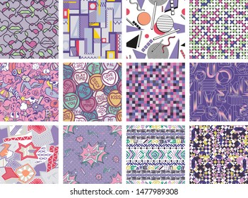 Pop art pattern set, cool colorful backgrounds, abstract seamless patterns 80's-90's styles.