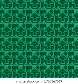 pop art pattern vector. soft Green Seamless Geometric Pattern with Moslem Shapes in dark green background. Vector Illustration. Combination of circle, square and triangle. 