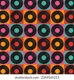 Pop Art Muster mit Vinyl Records. Musikalische Farbenfrohe Retro-Vektorgrafik im Flachstil