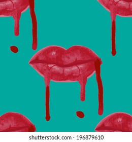 Pop art pattern. Watercolor vector pattern with mouth. Kiss.