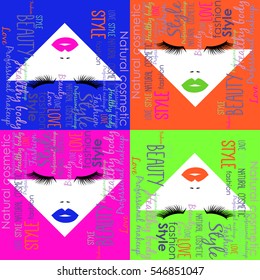 Pop art pattern with woman face, different colors of lips and abstract hairs from different text. Vector illustration