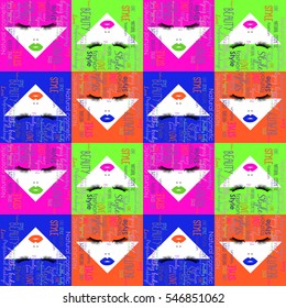 Pop art pattern with woman face, different colors of lips and abstract hairs from different text. Vector illustration