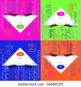 Pop art pattern with woman face, different colors lips and colorful hairs with different text. Vector illustration