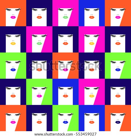 Pop art pattern with woman face, different colors lips and abstract colorful hairs. Vector illustration