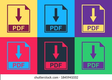 Pop art PDF file document icon isolated on color background. Download PDF button sign. Vector.