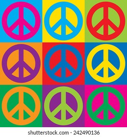 Pop Art Peace Symbols in a colorful checkerboard design. 