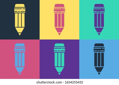 Pop art Pencil with eraser icon isolated on color background. Drawing and educational tools. School office symbol.  Vector Illustration