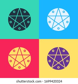 Pop art Pentagram in a circle icon isolated on color background. Magic occult star symbol.  Vector Illustration