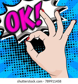 Pop Art - PERFECTION! sign. hand OK! sign vector illustration.